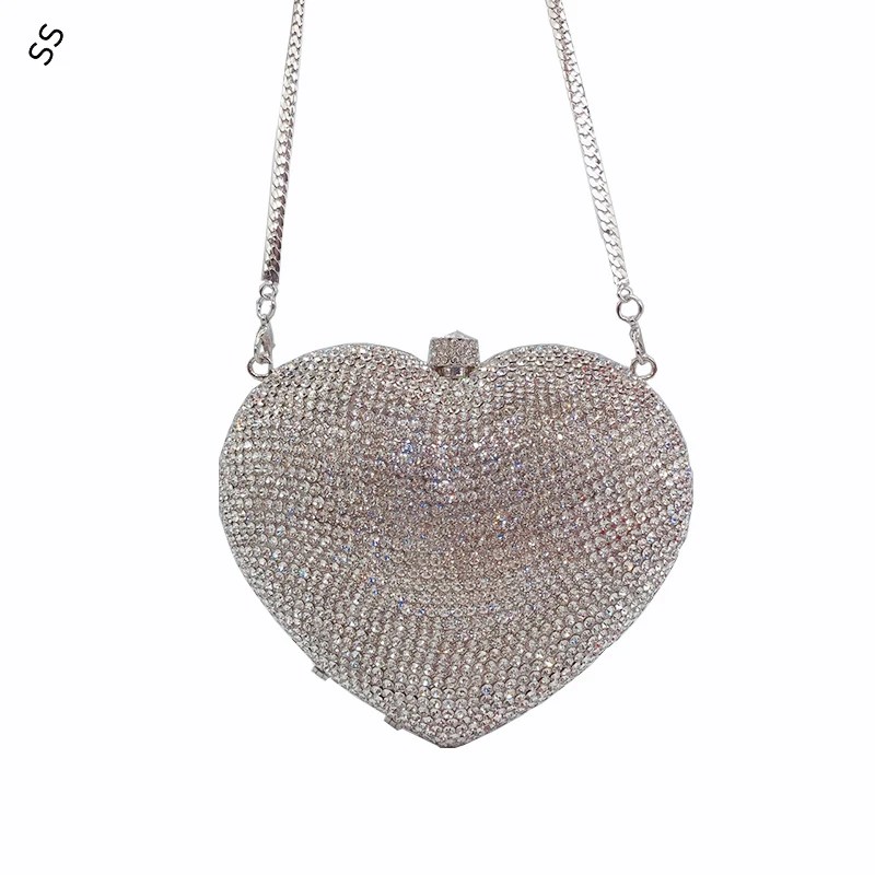 Metal Chain Inlaid Full Rhinestone Diamond Red Heart Style Handbag Women's Fashion Hard-shell Clutch Bags for Party's Purse