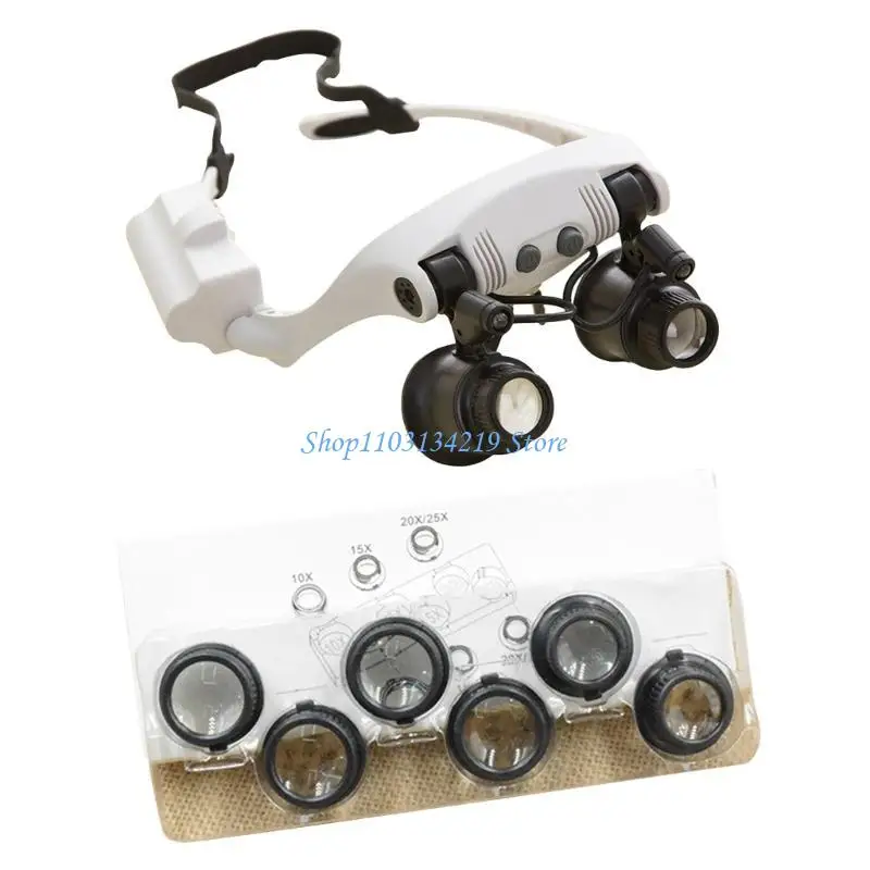 N5KC 10X 15X 20X 25X 헤드 밴드 돋보기 LED 조명이있는 이중 눈 유리 보석상 루페 보석상 시계 용 교체 가능한 렌즈 4 개