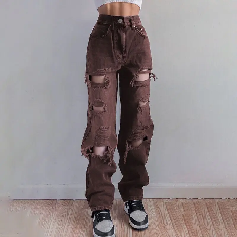 Spring Summer New Solid Color Fashion Jeans Women High Street Casual Loose Cotton Hole Zipper Pockets Button Personality Pants korean trendy ins personalized street illusion letter jeans women washable buttons zipper pockets loose straight wide leg pants