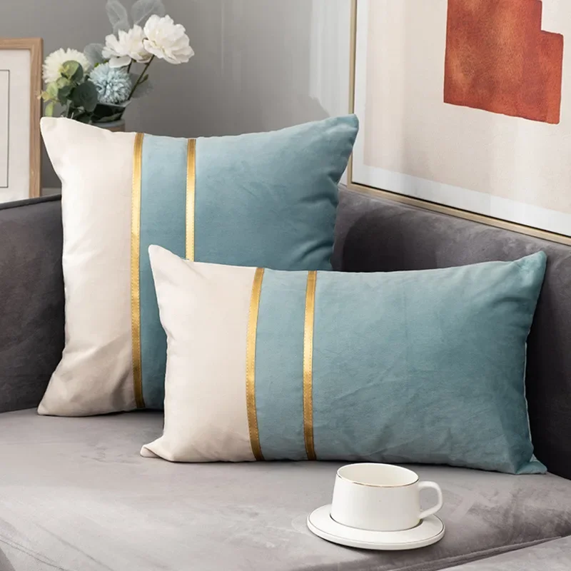 Blue and white pillow covers shown in square and lumbar sizes