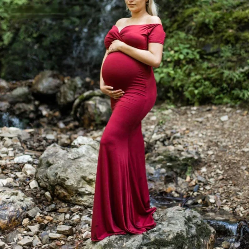 

Elegence Shoulderless Maternity Shoot Dress Cotton Maxi Gown Baby Shower Dresses Photography Clothes For Pregnant Women