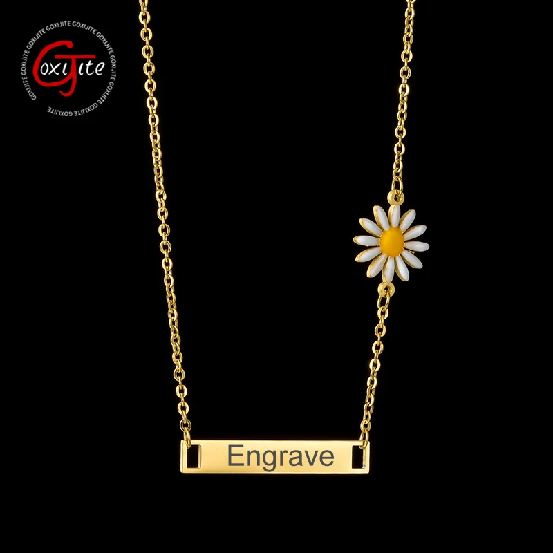 Goxijite Trendy Glossy Bar With Stone Necklaces For Women Girls Custom Name Daisy Pattern Stone Pendant Necklace Birthday Gifts stone 4 3inch tft lcd module with high resolution