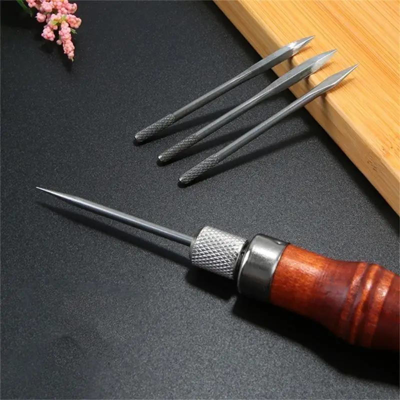Y5JC 4 in 1 나무 손잡이 LeatherCraft 재봉 키트 다이아몬드 송곳 DIY 구멍 펀치 도구