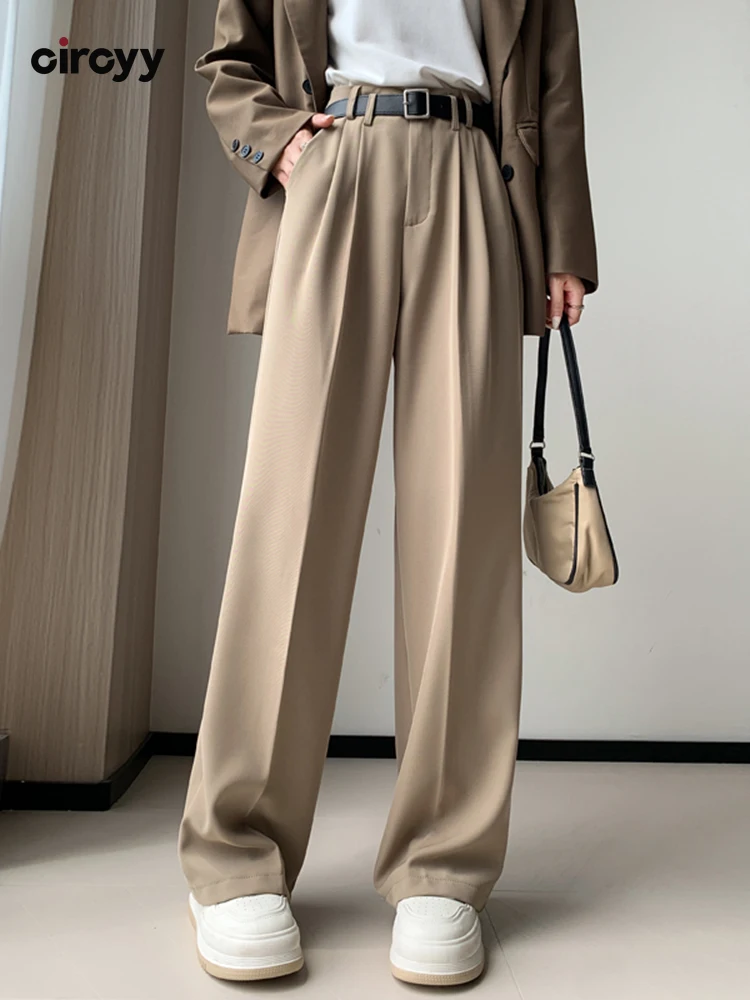 Suit Pants Women 2023 Autumn New High Waisted Pleated Button Solid Wide Leg  Trousers Fashion Office Lady Full Length Loose Pant