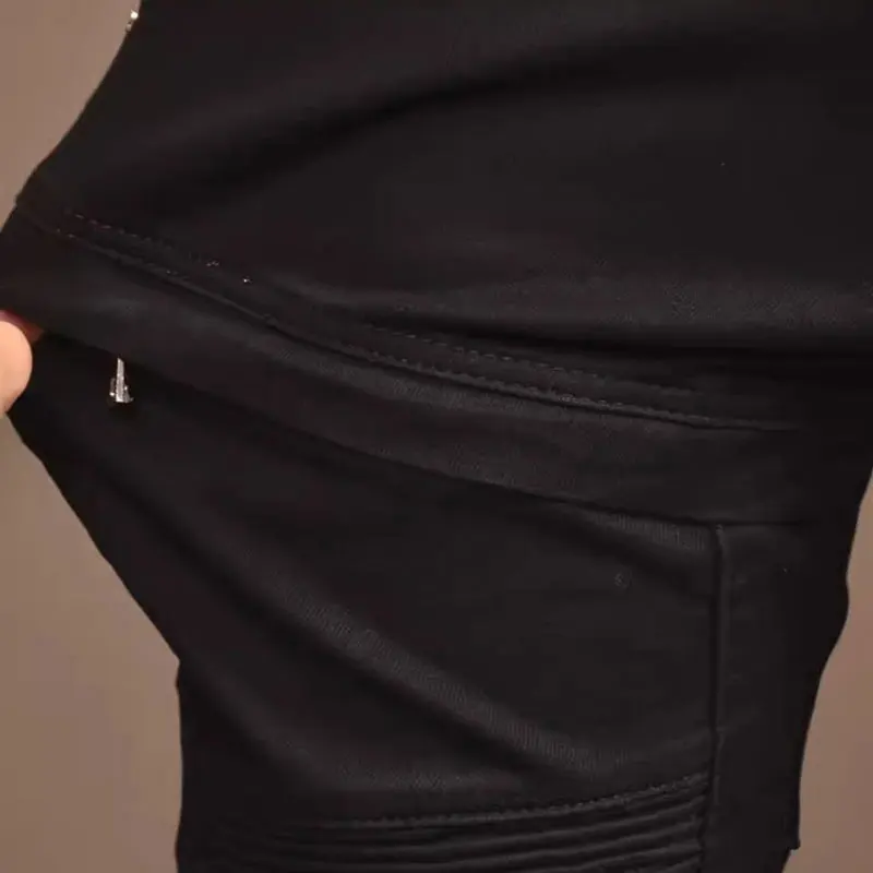 High Street Fashion Men Jeans Black Stretch Skinny Fit Biker Jeans Homme Spliced Designer Zipper Pocket Hip Hop Denim Pants Men