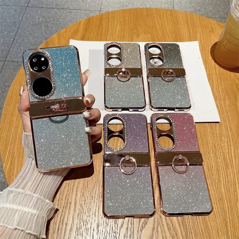 Luxury Plating Bling Glitter Phone Case For Huawei P50 Pocket Hard PC Leather Shockproof Hinge Protection Cover For Pocket 2