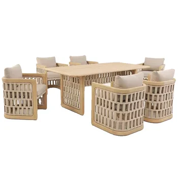 Combinazione di tavolo e sedia in rattan di teak villa cortile giardino tetto aperto tavolo lungo per il tempo libero solarium esterno 1
