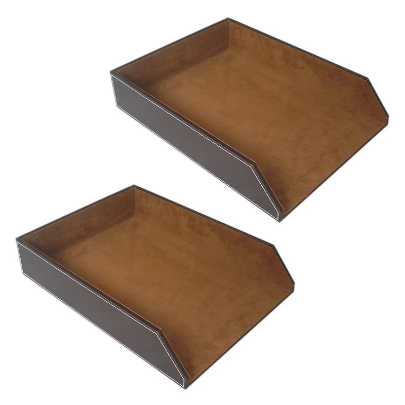 

2X PU Leather Collection Letter Tray, Document Desk Organizer,Stackable Office File Document Tray Holder (Brown)