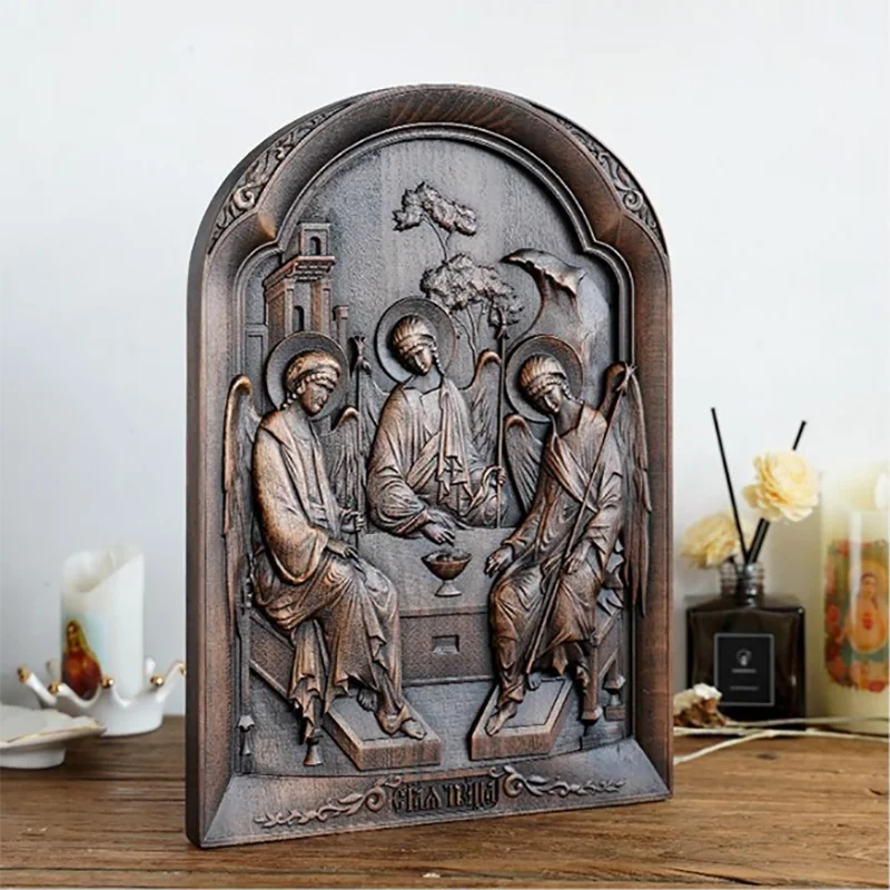 Holy Trinity Icon Wooden Wall Art - Hand Carved Father Son Holy Spirit Orthodox Decor, Catholic Christian Home Altar Hanging Pla