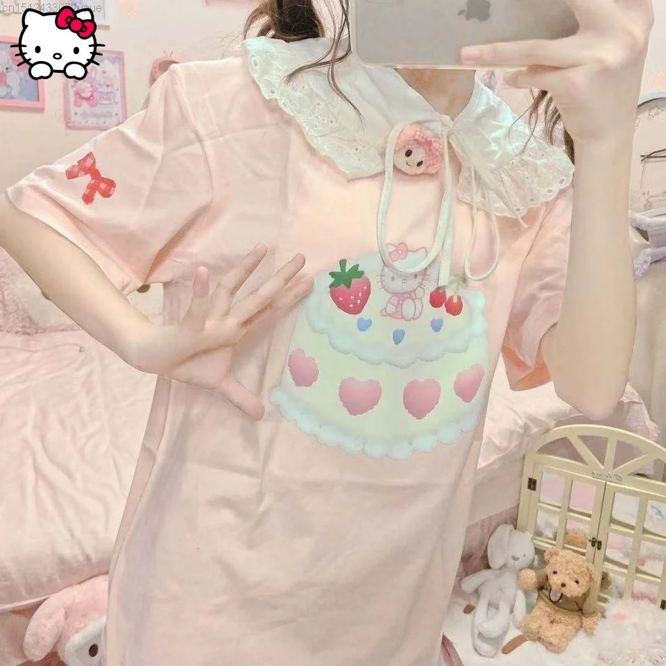 

Модные футболки с коротким рукавом для девочек, мультяшный Sanrio Hello Kitty, эстетичная женская одежда Y2k, короткий топ, розовые милые летние футболки