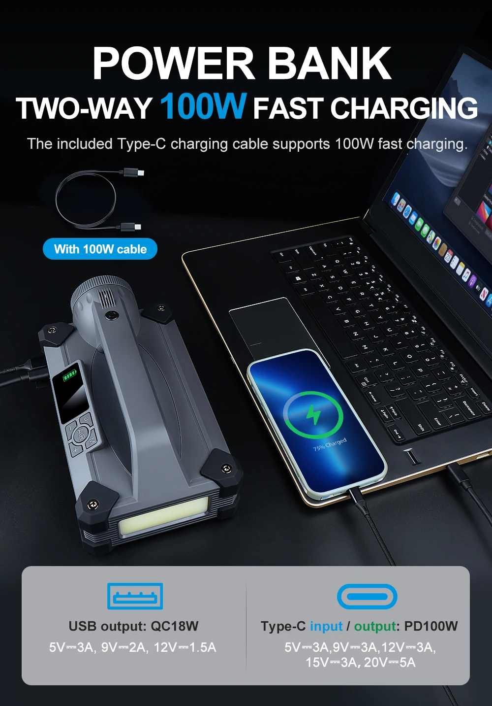 Car Jump Starter 6000A/12V with Air Compressor Tire Inflator for Car,15W Flashlight and Camping, PD 100W Power Bank 4