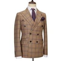 Cenne Des Graoom 2023 New Brown Plaid Suits for Men Double Breasted 2 Pcs Set Blazer Jacket Pants Wedding Party Meeting Office 2