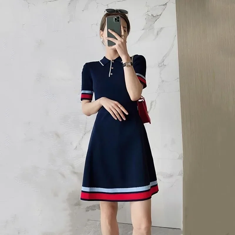 Abiti in maglia con colletto polo per donna Estate manica corta Slim elegante abito da festa Casual Chic coreano Stripe Vestido Feminino Nuovo - immagine 2