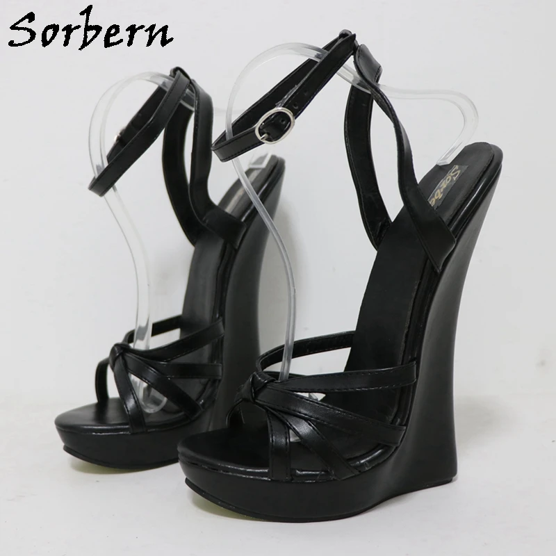 Sorbern Black Matt Slingback Women Sandals Narrow Back Wedge High Heels Thin Straps Unisex Fetish Shoe Sissy Boy Color