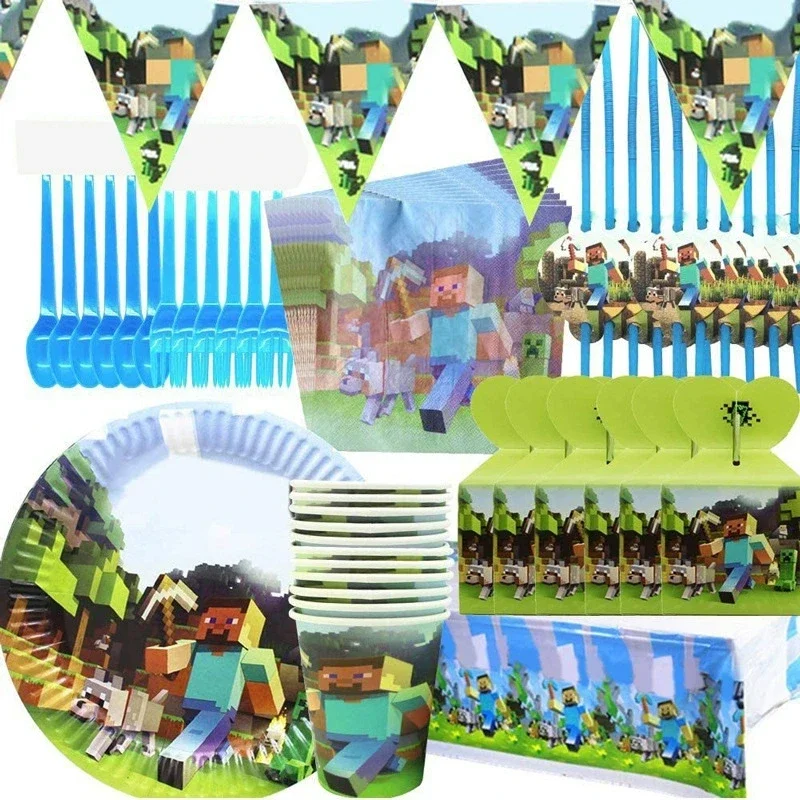 Minecraft Boy Theme Birthday Family Party Dinner Plate Pixel Cup Tablecloth Knife Fork Spoon Steve Kids Tableware Items
