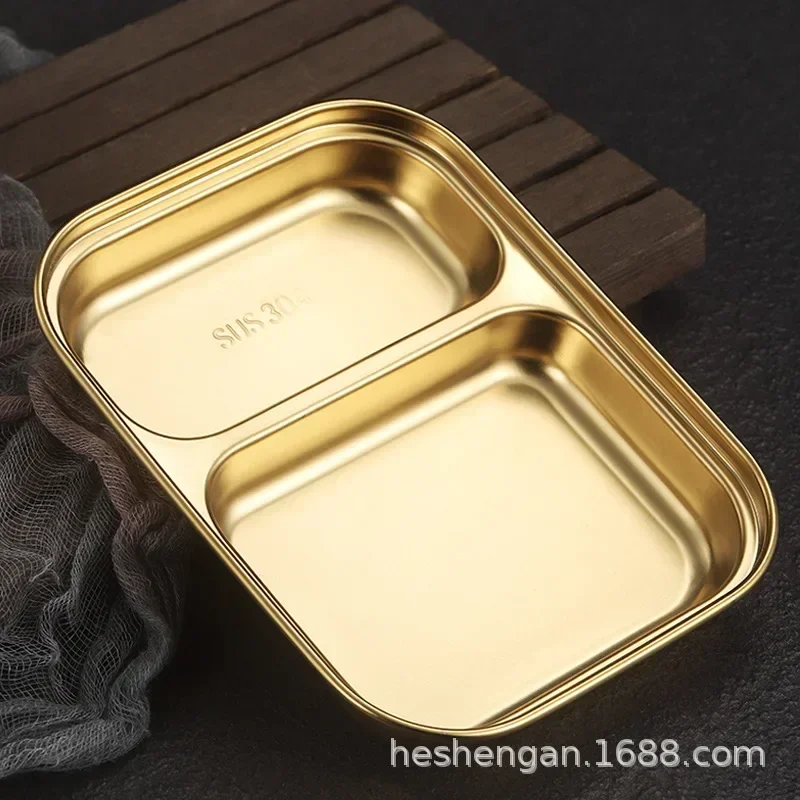 Golden Korean Style 304 Tableware Stainless Steel Plate Dinner Divided snack meal seasoning kindergarten student box meal