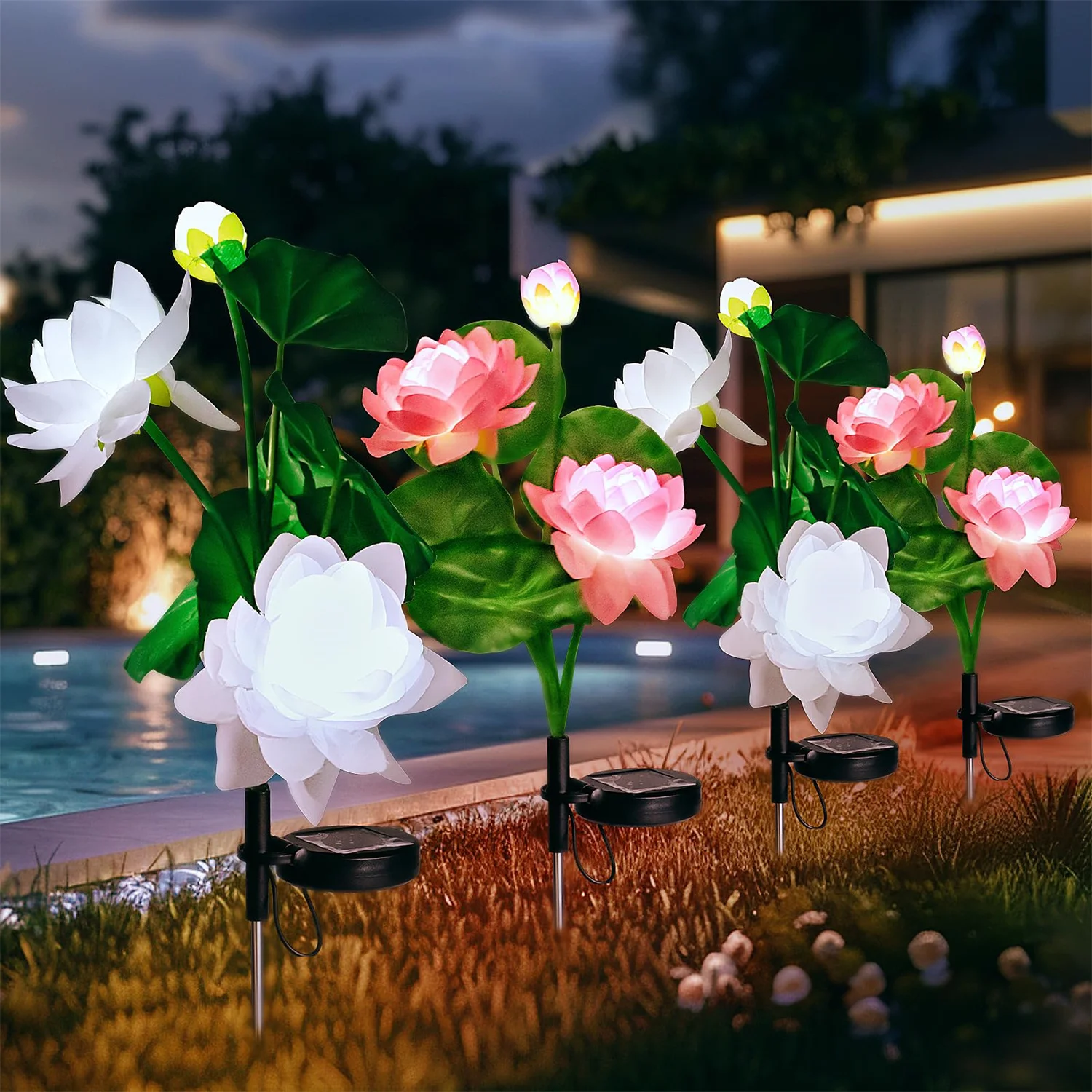 Solar Lotus Flowers Lights Heads IP65 Waterproof Garden Decor Outdoor Landscape Lamp for Yard Garden Pathway Porch Lawn Backyard 2