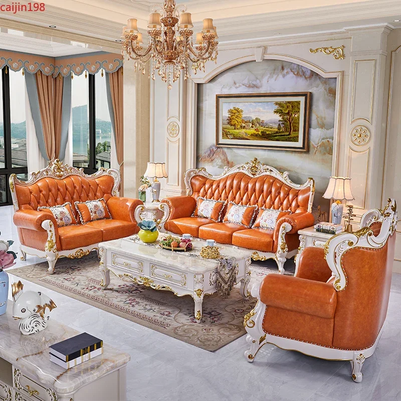 

Loveseat SOFA European-style home furniture package 123 Luxury villa living room orange first layer cowhide
