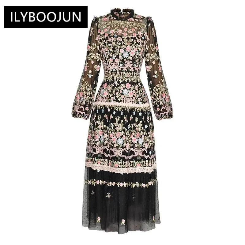 

Autumn Mesh Dress Women O-Neck Lantern Sleeve Floral Embroidery Black Vintage High waiste Dresses For Women 2023 Luxury Brand