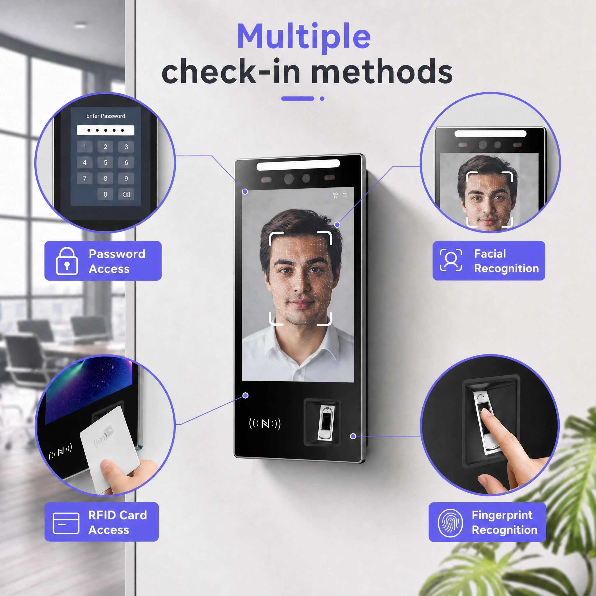 FCV4907 NFC 스캐너 지문 인식 출퇴근 기록기 야간 투시 얼굴 인식 리눅스 출입 통제 무료 SDK OEM ODM 리셋