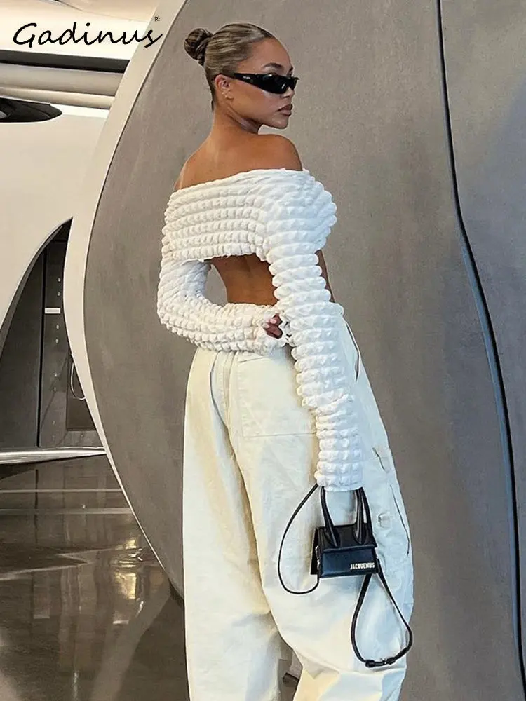 

Long Sleeve T-shirts Chest Wrap Women's Cropped Sexy Punk Backless Womens Tops and Blouses Polyester Corset Puff Sleeve 18-24