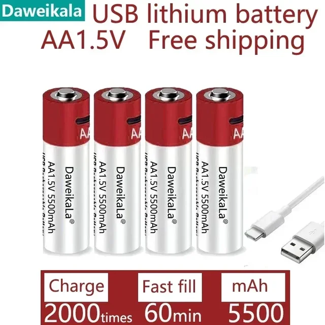 New AA USB Rechargeable Li-ion Battery 1.5V AA 5500mah / Li Ion Battery Watch for Toys MP3 Player Thermometer Keyboard + Cable 1