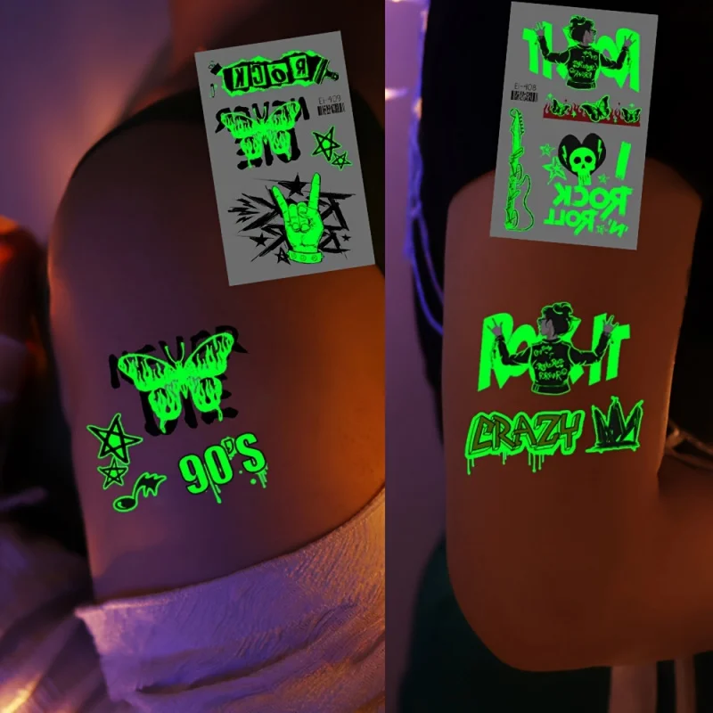 12-Pack Glow-in-the-Dark Rock Style Temporary Tattoo Stickers-Guitar, Skull. Suitable for music theme parties and nightclub