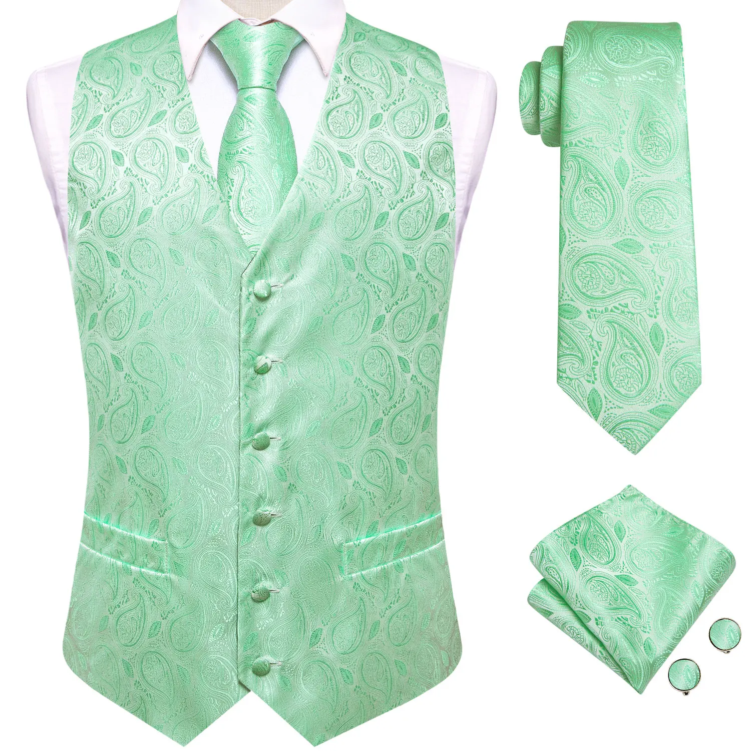 

Mint Green Mens Silk Vests Wedding Paisley Necktie Handkerchief Cufflinks Sleeveless Waistcoat Set Business Designer Gift Hi-Tie