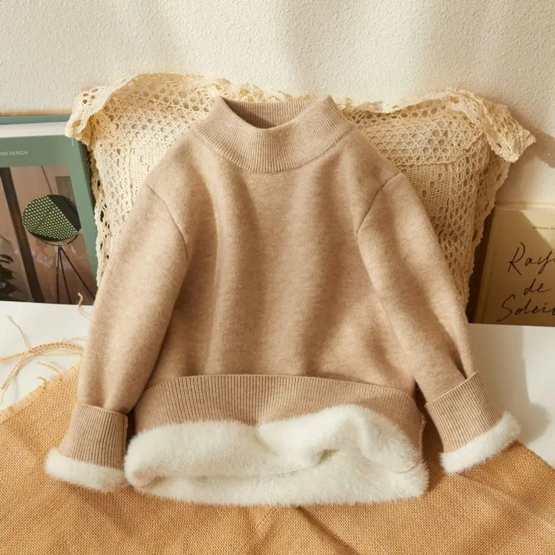 

Boys and Girls Mid-Neck Sweater Single-Layer Fleece-Lined Thickened Children Winter Bottoming Shirt Baby Sweater Middle and Big