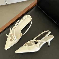 Elegant Designer Buckle Strap Pointed Toe Heels - 42 (White)