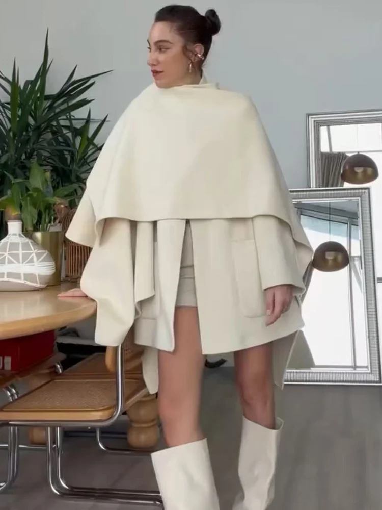 Women's Elegant Overcoat Fashion Long Sleeve Pockets Scarf Decor Woolen Jacket Solid Winter New Loose Office Lady Streetwear ﻿