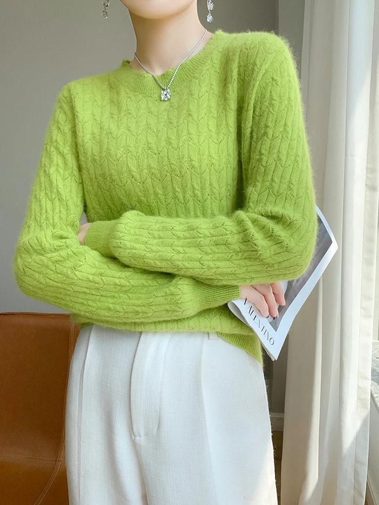 

Addonee Women Sweater O-neck Long Sleeve Autumn Winter Pullover 100% Merino Wool Twist Flower Hollow Cashmere Knitwear Grace Top