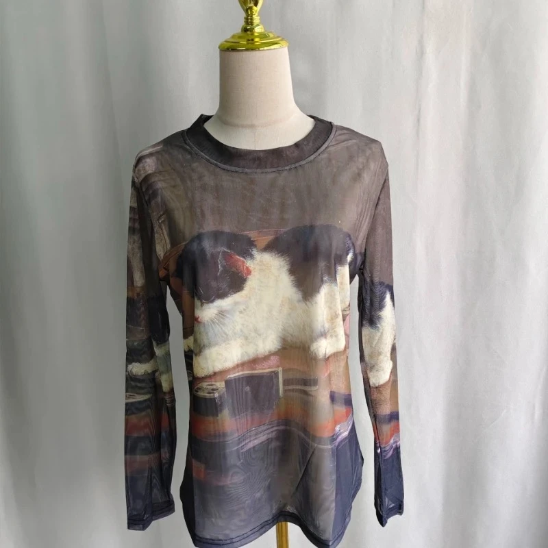 Kimutomo Y2k T Shirts Women Vintage Sexy Cartoon Cat Printed Short Sleeve Spring Summer Half High Collar Crop Tops Gothic Tshirt 6