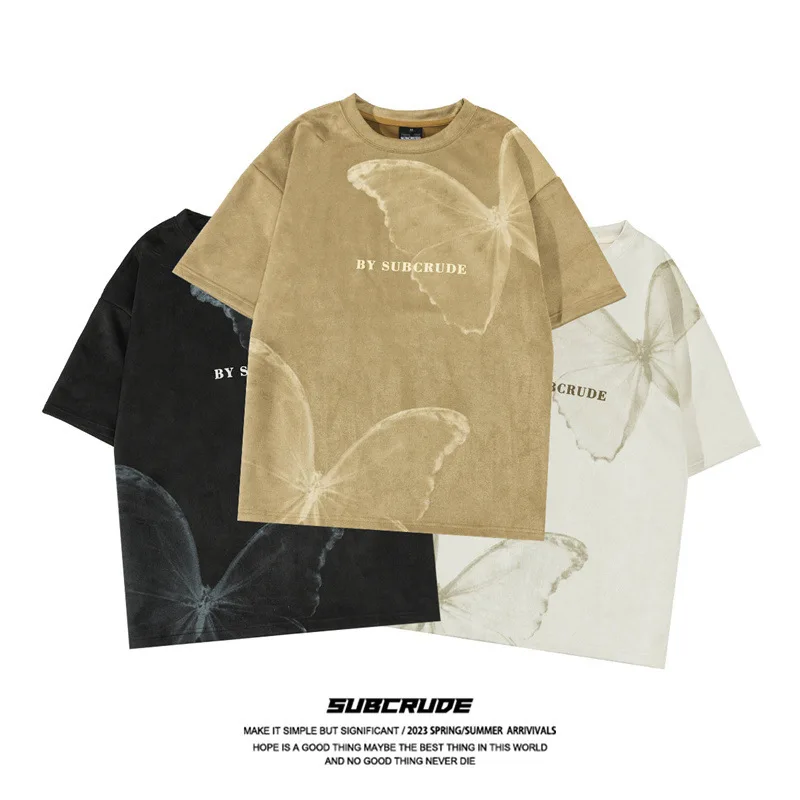 

Оригинальная американская замшевая нишевая дизайнерская футболка High Street с принтом бабочки и коротким рукавом мужские модные свободные топы Y2k на лето