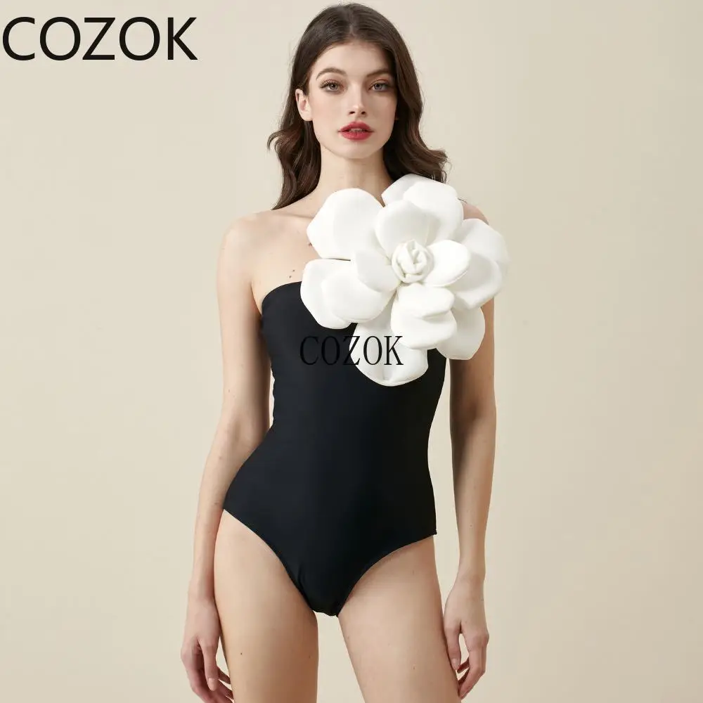 

Women Swimsuit Simple Solid Color One-Piece with Cluster Decoration in Black/White on the Shoulders, Fashionable and Elegant