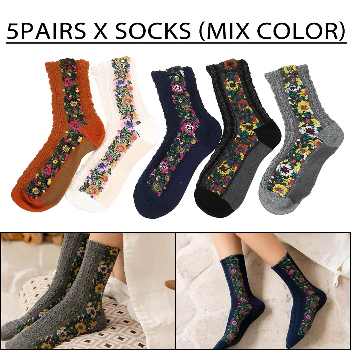 

5 Pairs Women Lace Embroidered Vintage Winter Floral Cute Cotton Socks Female Retro Cotton Thermal Stockings Sock Underwear