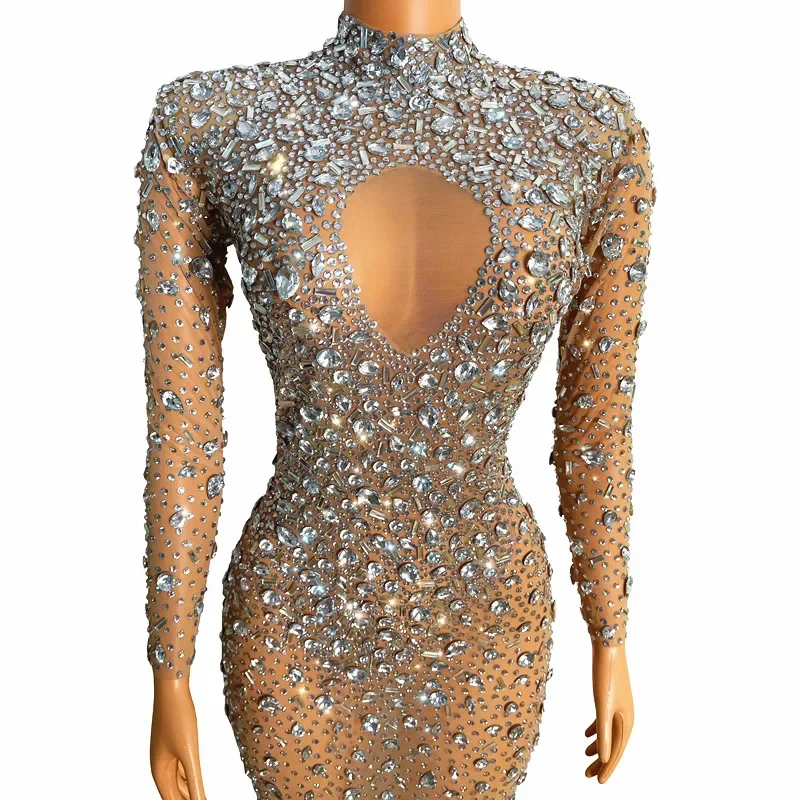 

Birthday party Celebrate Stones Mesh Stretch Dance Long Sleeves Singer Evening Dress Sexy Crystals Transparent Long Dress