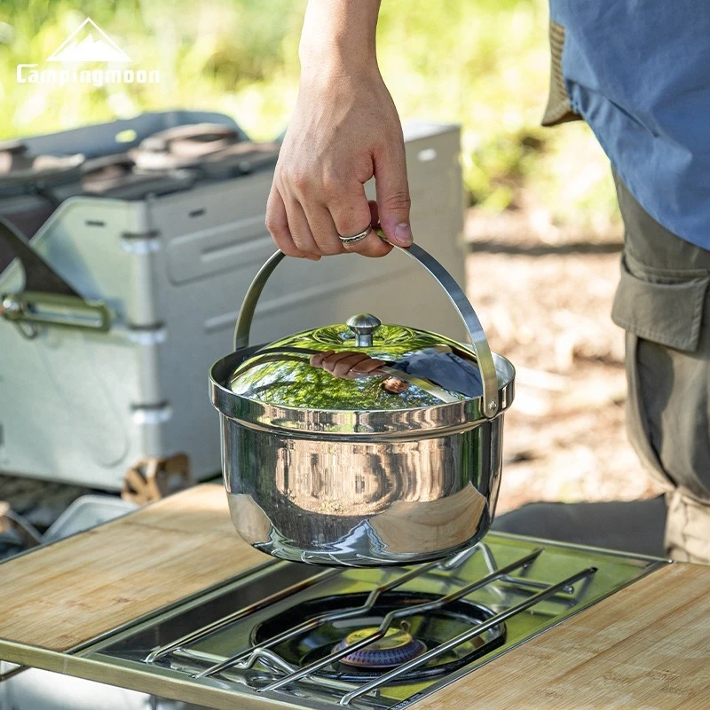 CAMPINGMOON CC-21 Thick Stainless Steel Camping Pot Picnic Stewed Rice Soup Pot Portable Outdoor Cooking Utensils