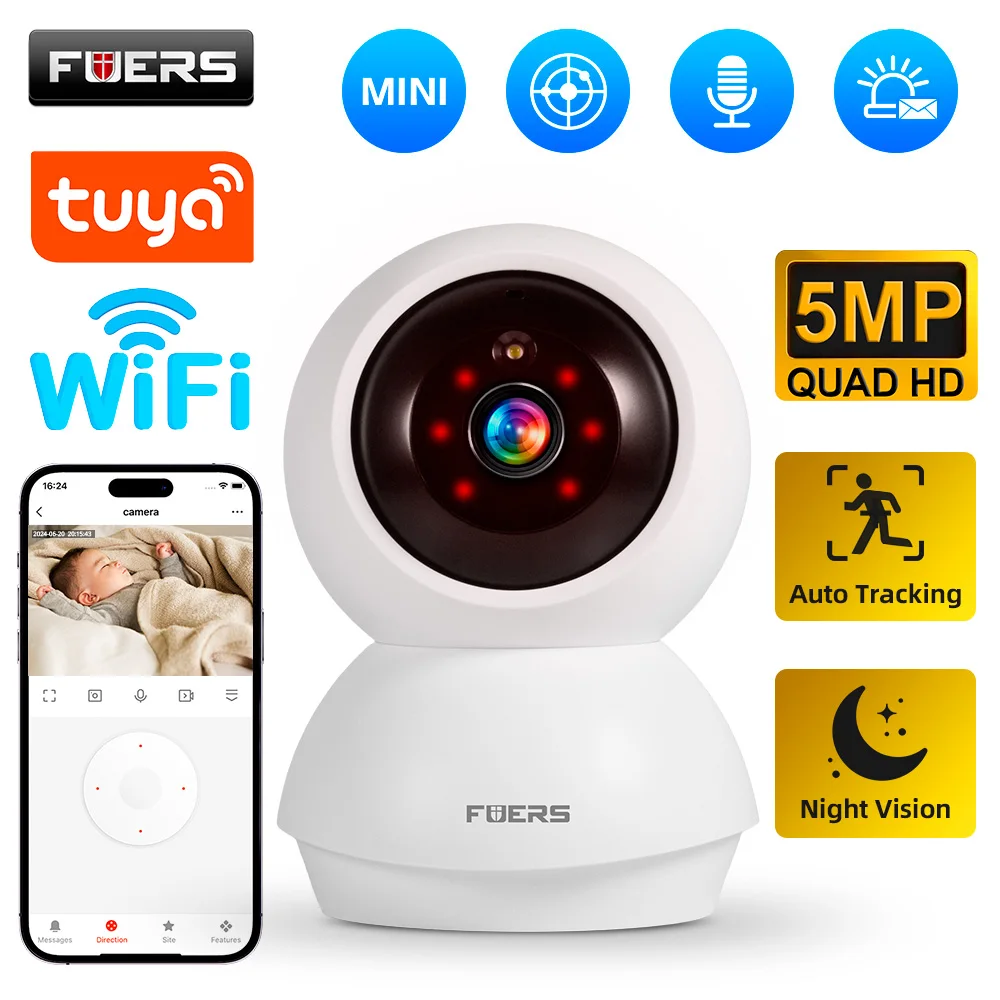Fuers 투야 스마트 홈 실내 무선 IP 감시 카메라, 5MP 와이파이 카메라, AI 감지, 자동 추적 보안 베이비 모니터
