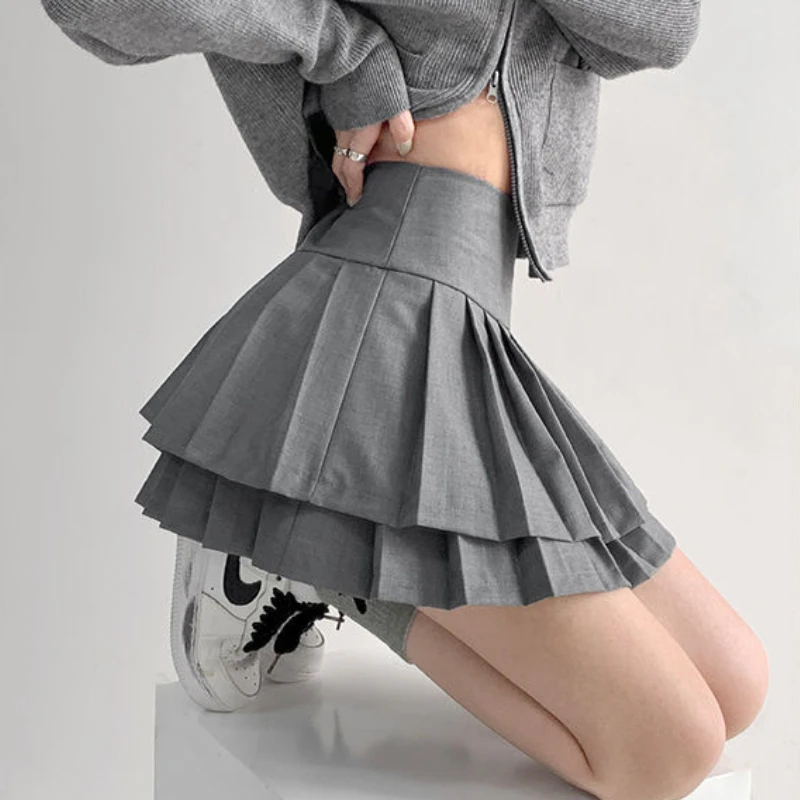 

Pleated Skirts Preppy Style Double Women Korean Skort Summer Sexy Y2k High Waist Patchwork Solid Mini Skirt A Line Casual