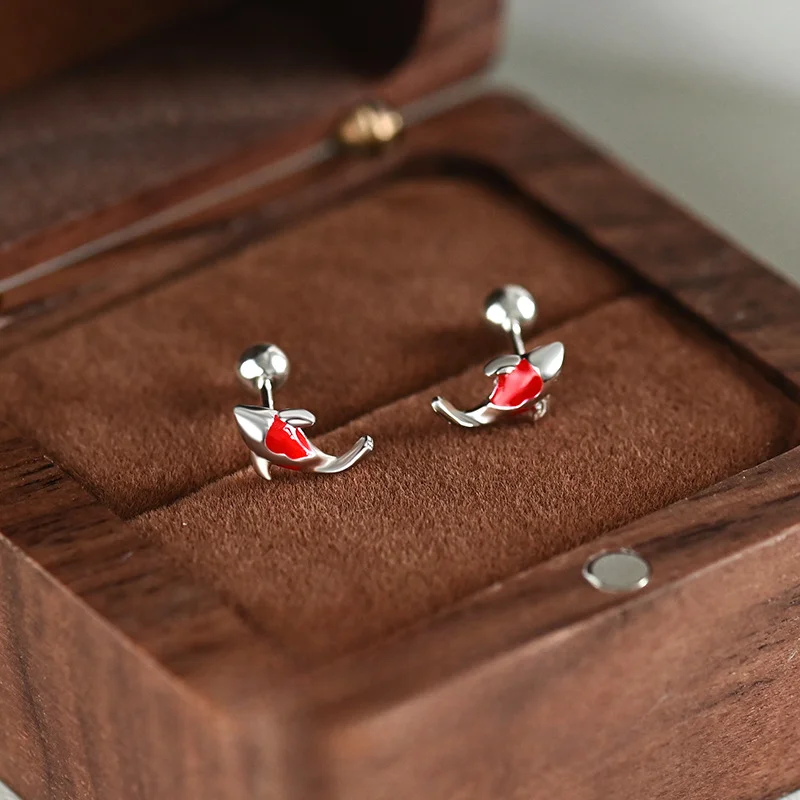 Milue Koi Red Stud Earrings 925 Sterling Silver Fish Ear Studs Jewellery for Woman Girl　並行輸入品