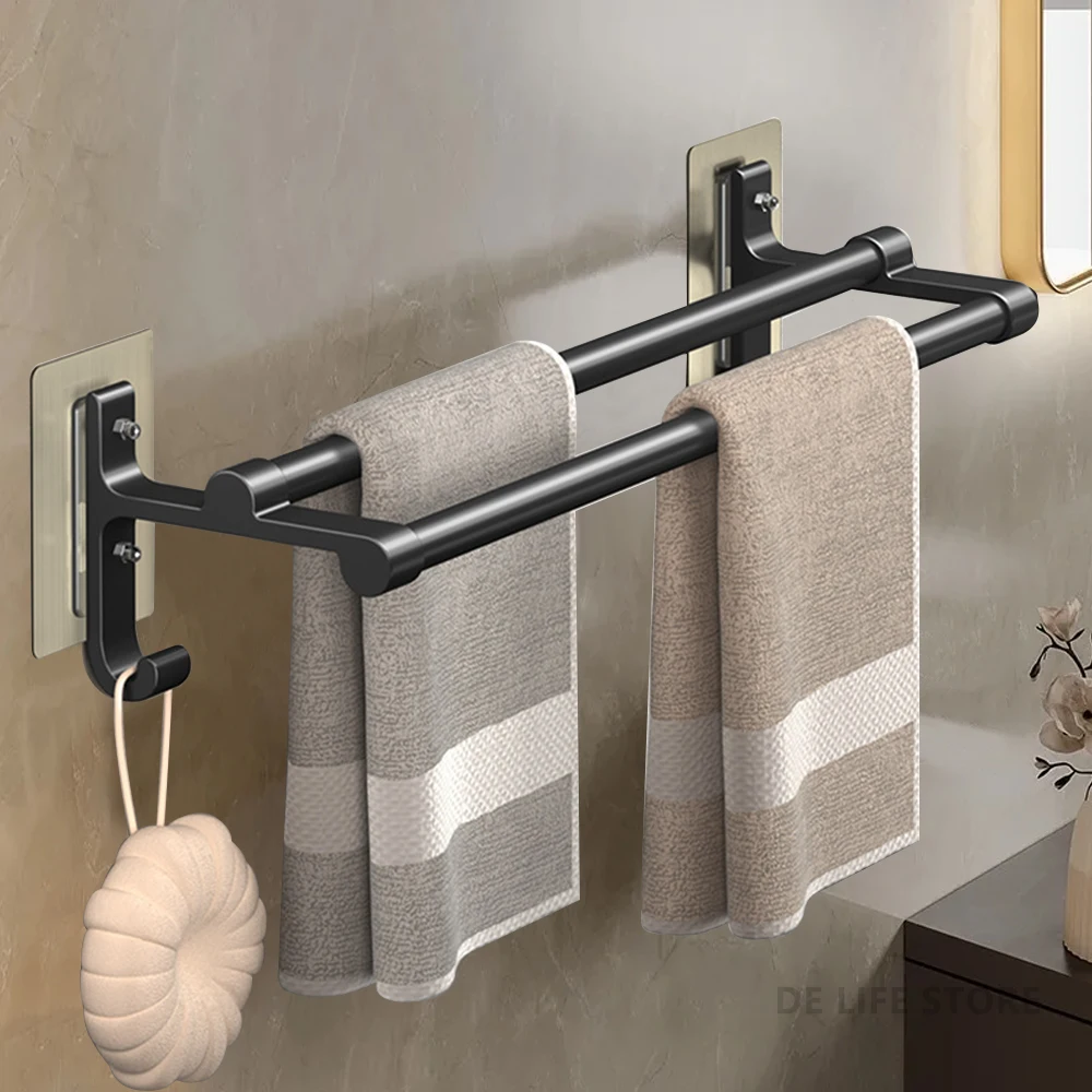 Self-Adhesive Bathroom Towel Rack With Double Rod Space Aluminum Towel Holder Without Drilling Bath Hanger Bathroom Accessories
