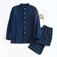 2026 Japanese style new couple sleepwear set 100% cotton crepe fabric long sleeved long pants two-piece home wear pajama - Image 4