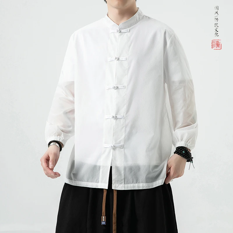 

2023 Chinese Style Men's Traditional Hanfu Tray Button Shirt Summer Light Stand-up Collar Jacket for Men Men's Premium Sunscreen