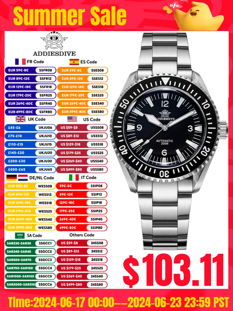 ADDIESDIVE Men Watch Blue Luminous Sapphire Crystal Ceramic Bezel 200M Waterproof Automatic Mechanical Watch Relojes Para Hombre