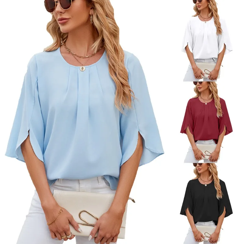 

2024 Europe and the United States women T-shirt summer new round neck five-minute sleeve loose chiffon shirt blouse female