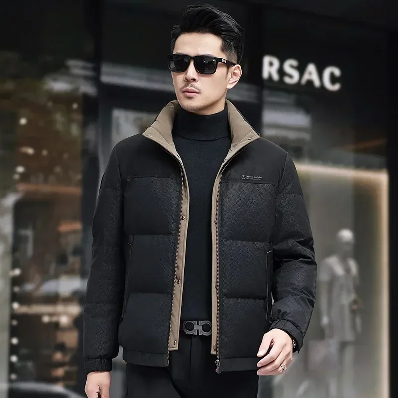 Chaqueta de plumón de invierno para hombre, chaqueta corta con cuello alto y relleno de lujo de plumón de pato, abrigos acolchados informales para hombre
