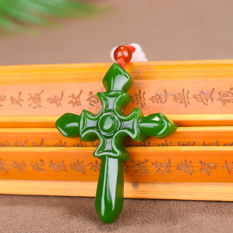 Fashion Chinese Green Jade Cross Pendant Necklace Hand Carved Charm Jadeite Natural Jewelry Amulet for Men Women Gifts White