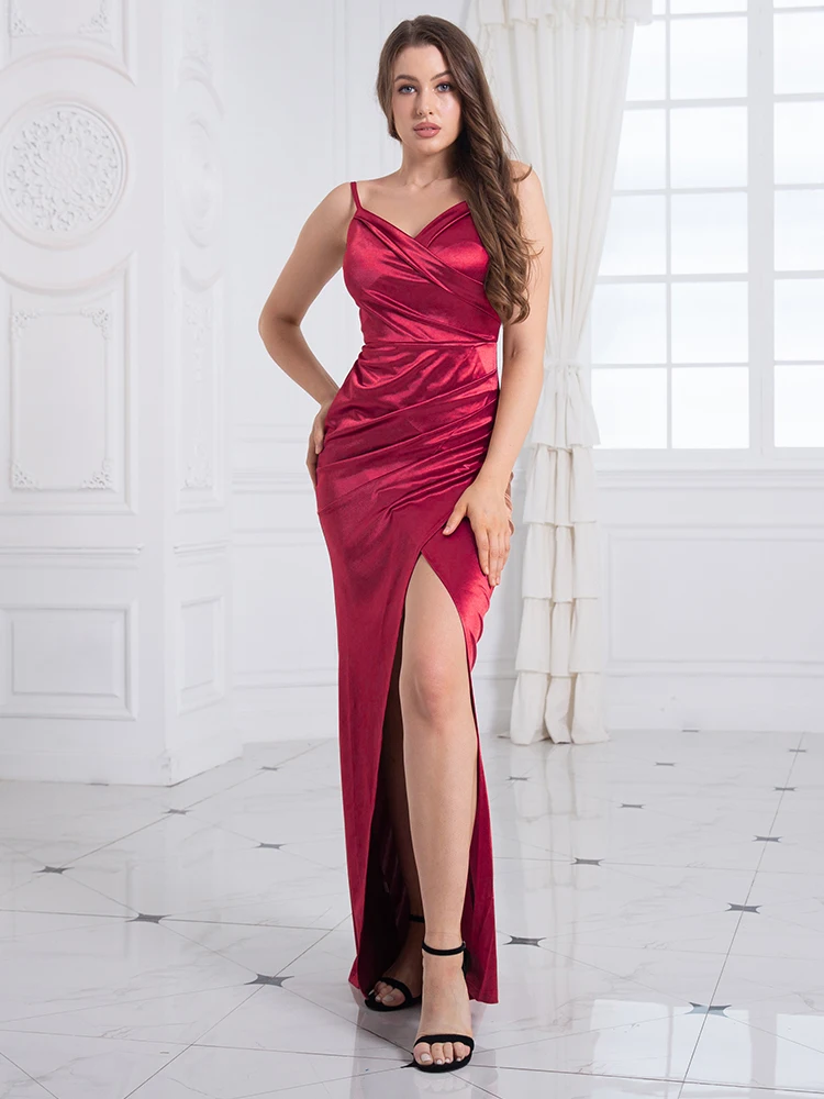 

V Neck Spaghetti Straps Evening Prom Gown Backless Split Wedding Cocktail Party Burgundy Dress Elegant Women's 2024 Summer