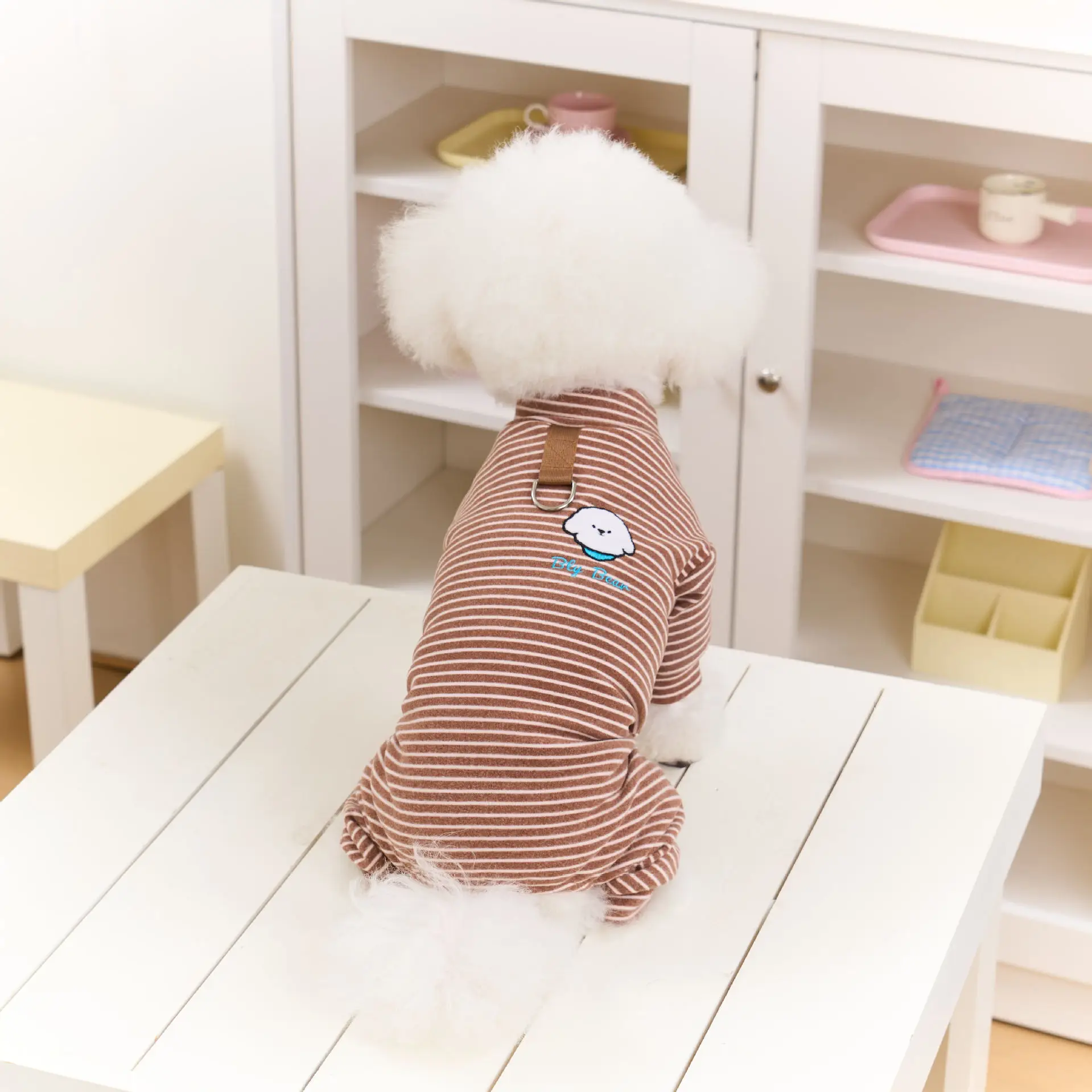 Dog Cat Clothes, Polar Fleece Striped Bodysuit, Four-Legged Winter Pajamas For Small Medium Dogs_voghion.com